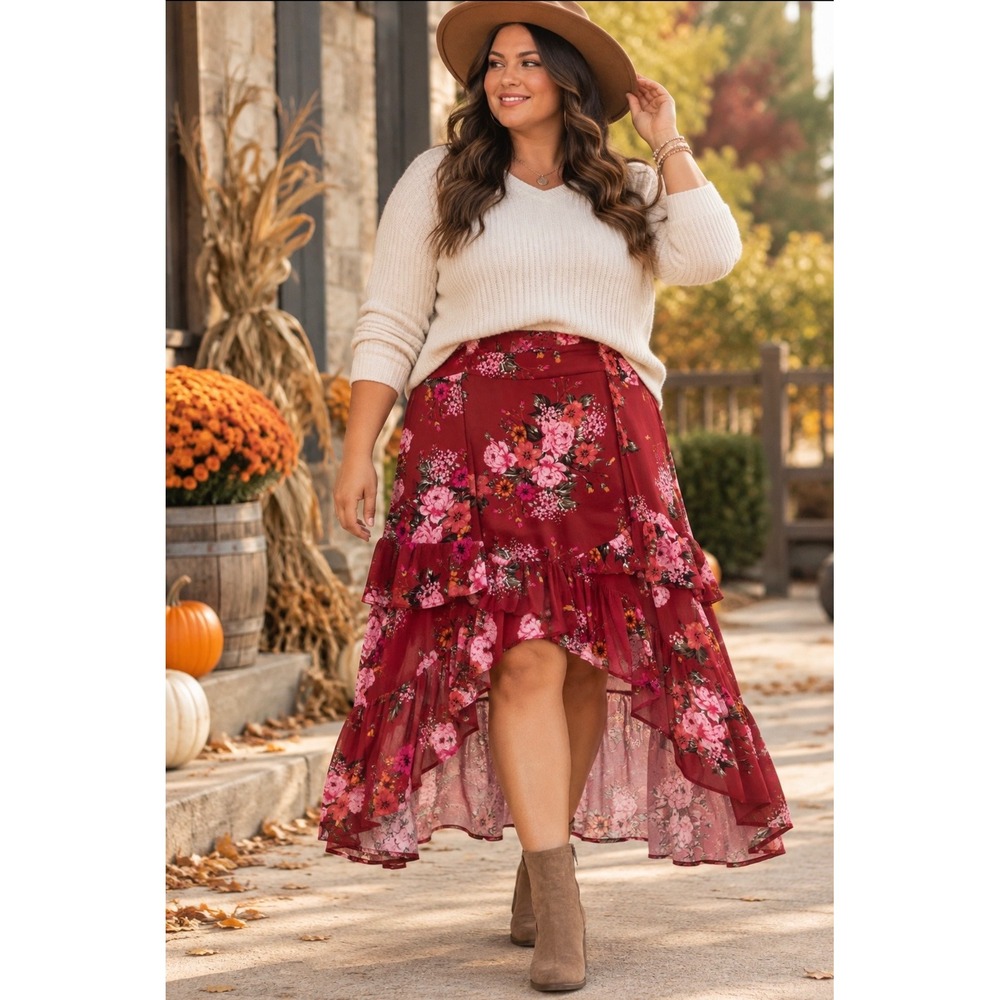 Torrid Floral High Low Maxi Skirt Size 1 1X 14/16 Ruffle Tiered Boho